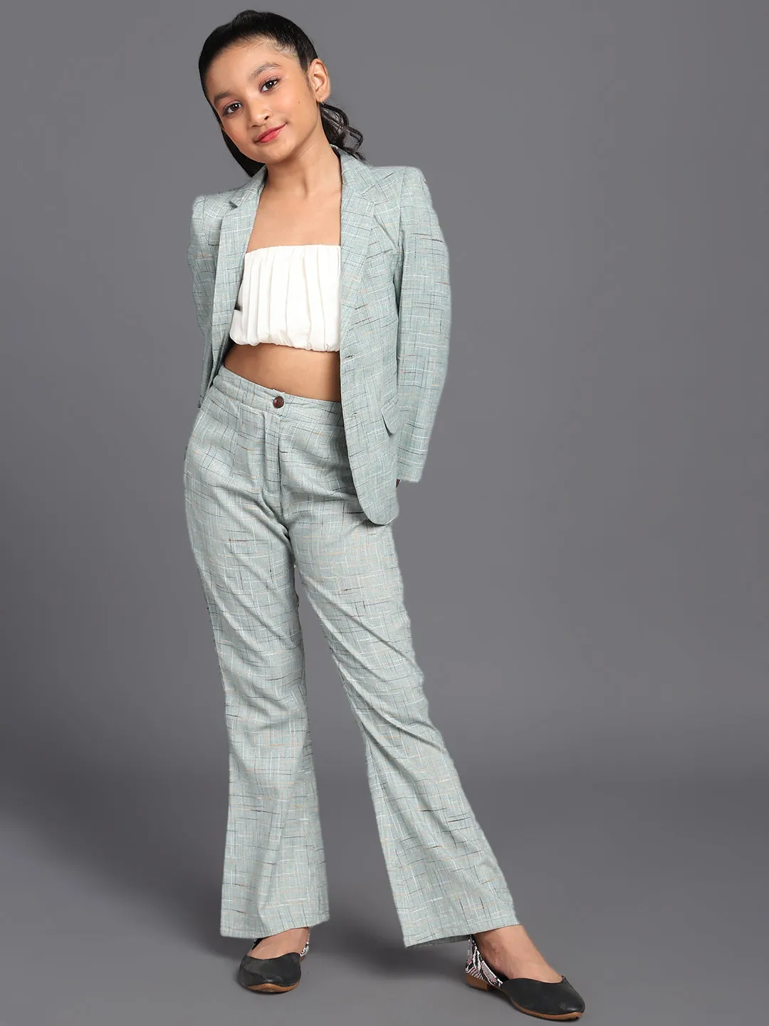 Girl's Pastle Blue Checks Self Design Blazer & Top With Pant Set - Aks Girls