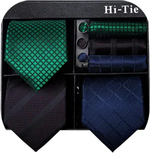 Hi-Tie 3 Pcs Gift Box Mens Tie Set Necktie with Pocket Square Cufflinks Lapel Pin Silk Neck Tie Collection