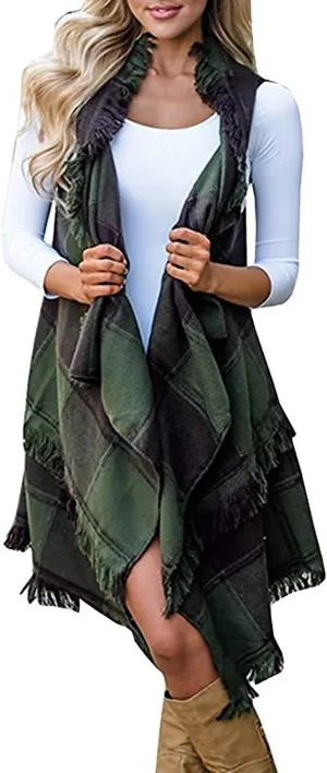 Inorin Womens Sleeveless Plaid Asymmetrical Hem Tassel Drape Open Front Cardigan Vest