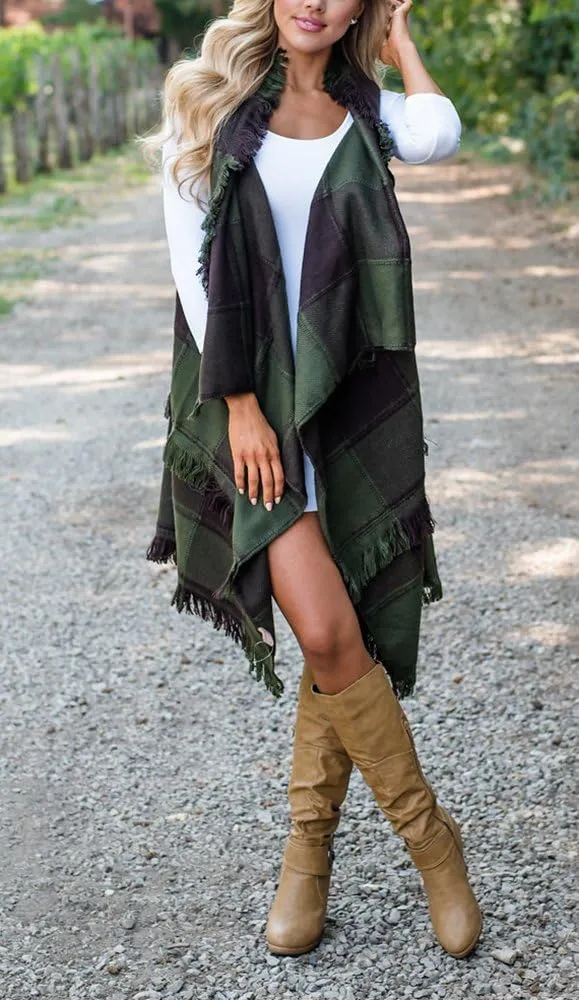 Inorin Womens Sleeveless Plaid Asymmetrical Hem Tassel Drape Open Front Cardigan Vest