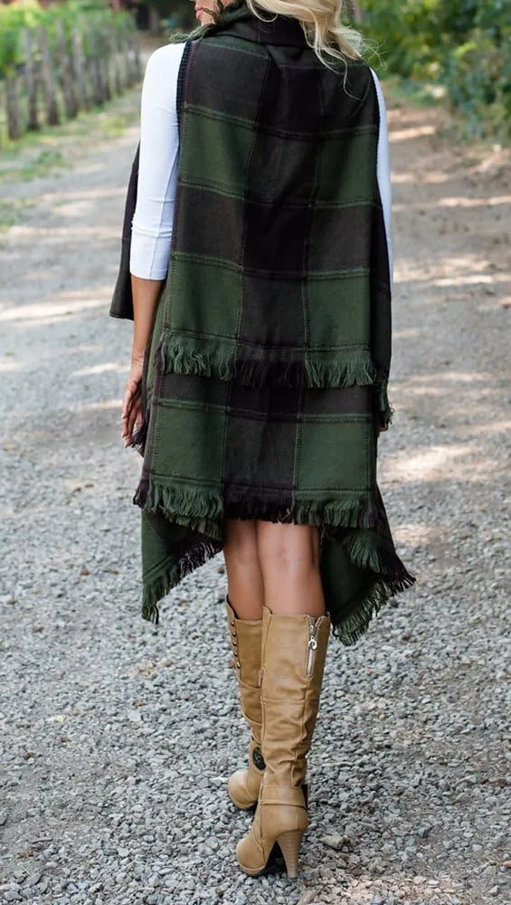 Inorin Womens Sleeveless Plaid Asymmetrical Hem Tassel Drape Open Front Cardigan Vest