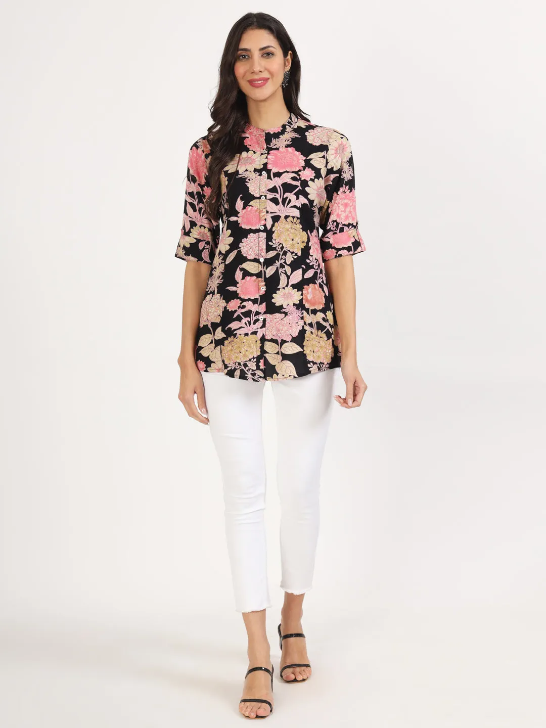Jashvi Black Floral Printed Rayon Top