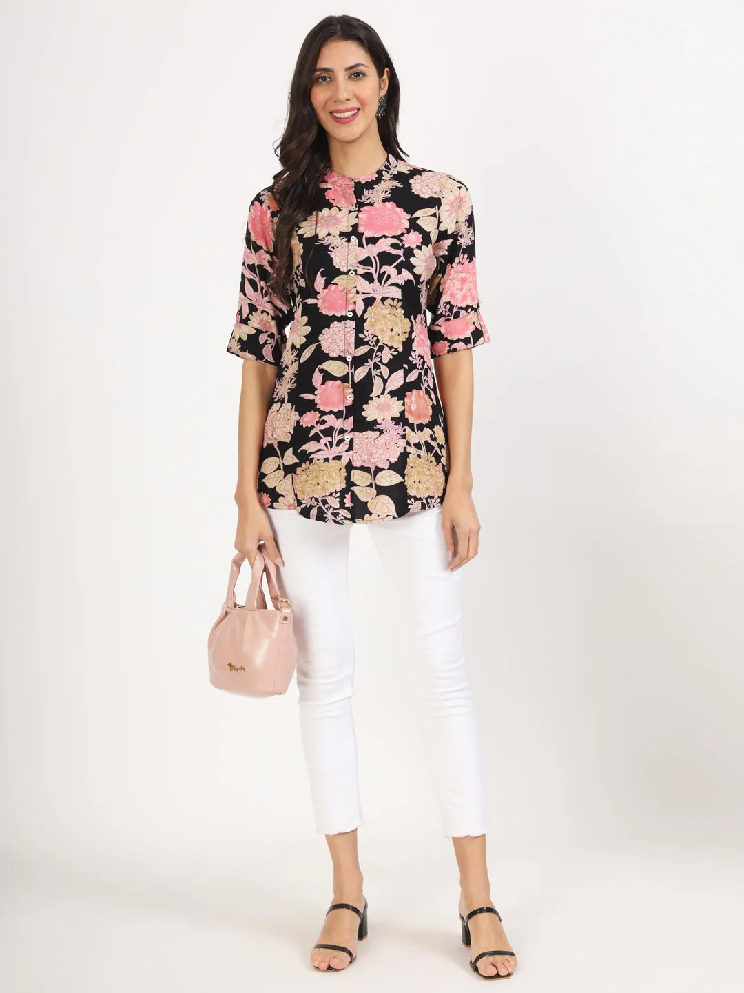 Jashvi Black Floral Printed Rayon Top