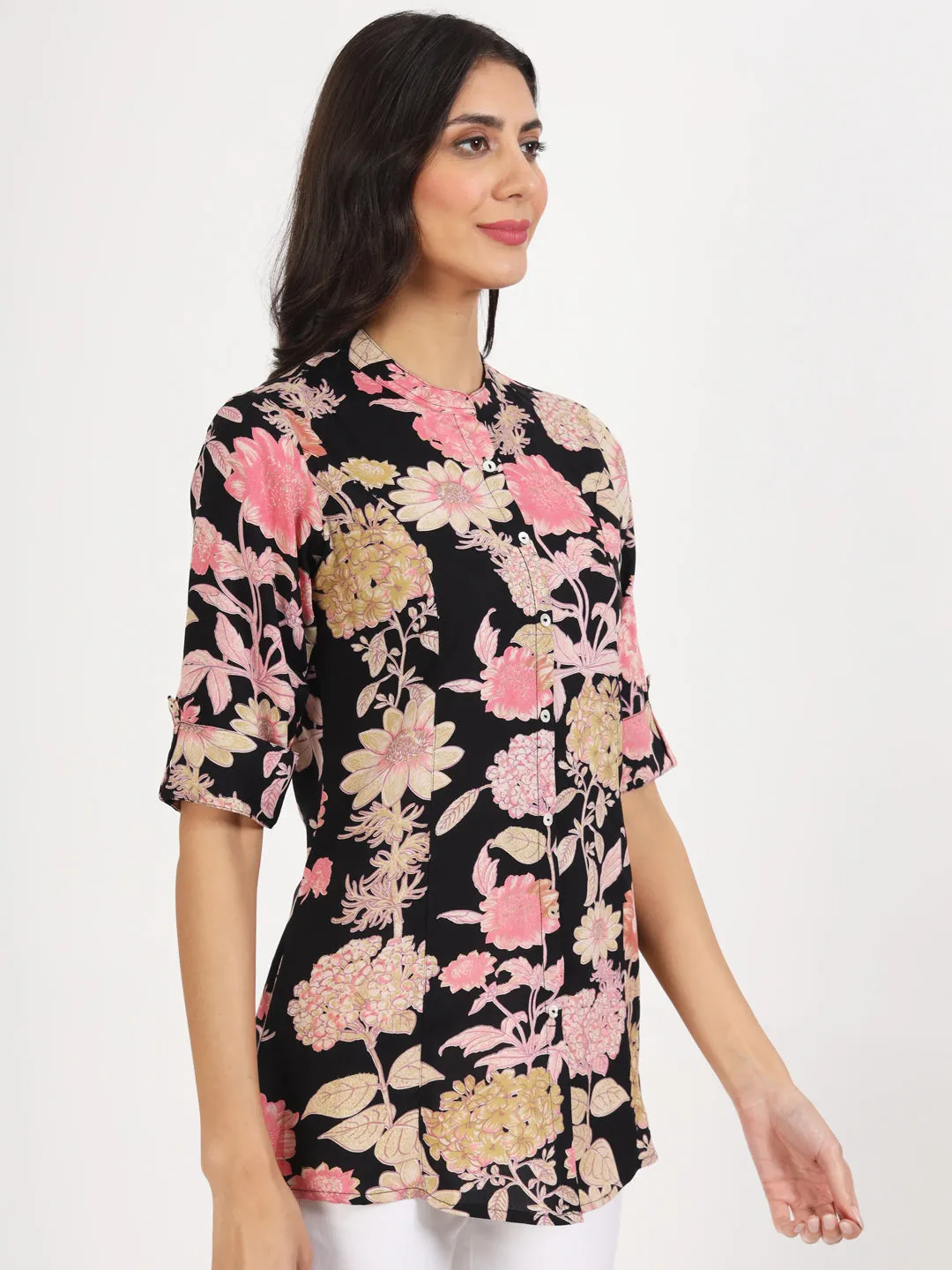 Jashvi Black Floral Printed Rayon Top