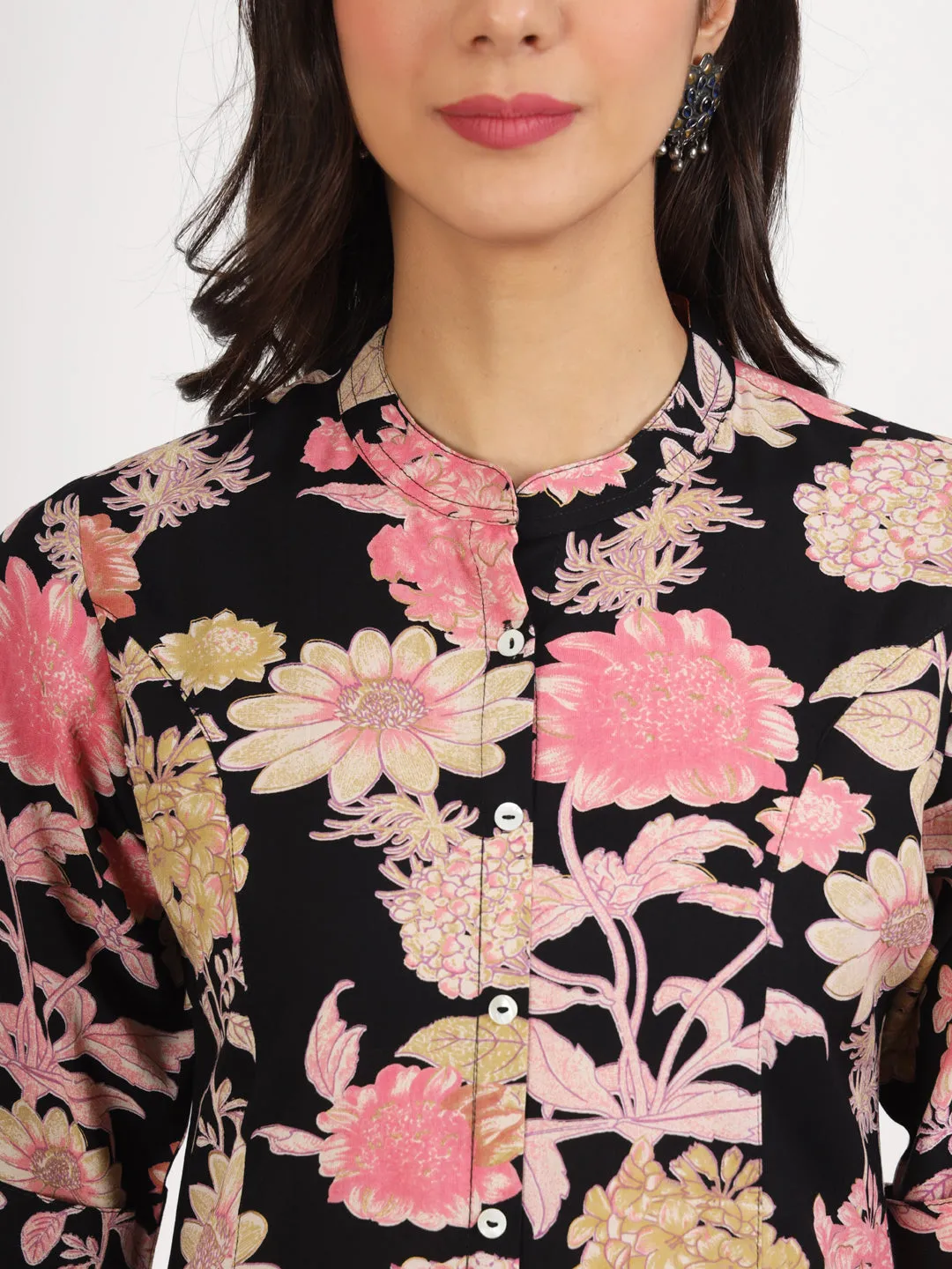Jashvi Black Floral Printed Rayon Top