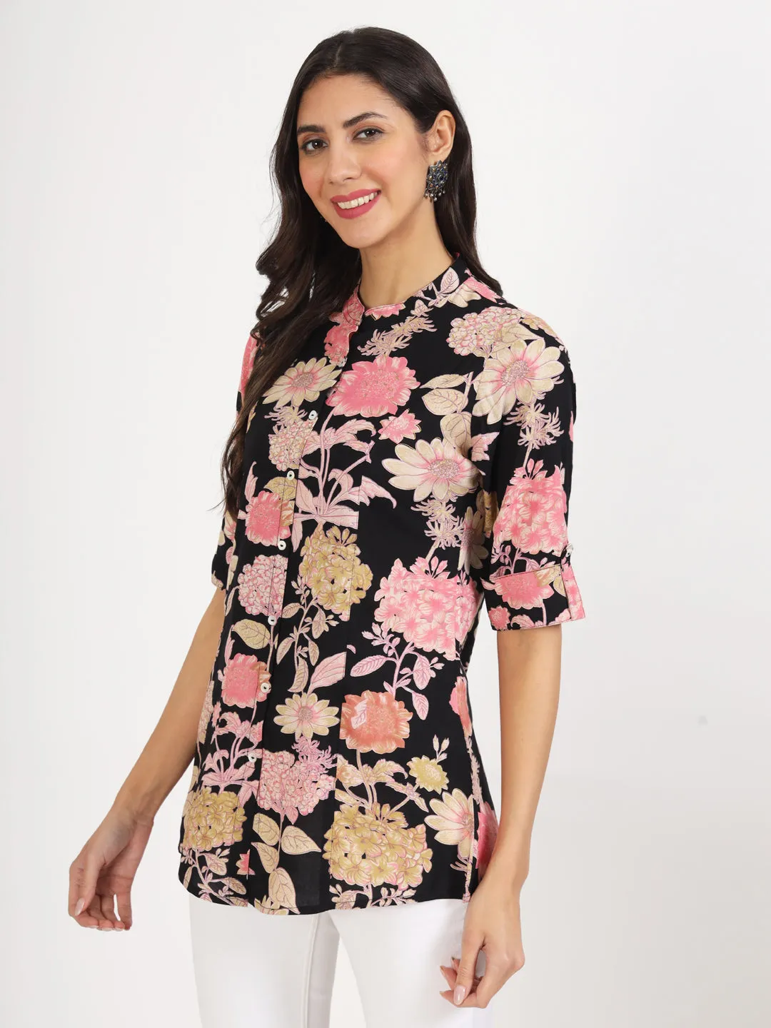 Jashvi Black Floral Printed Rayon Top