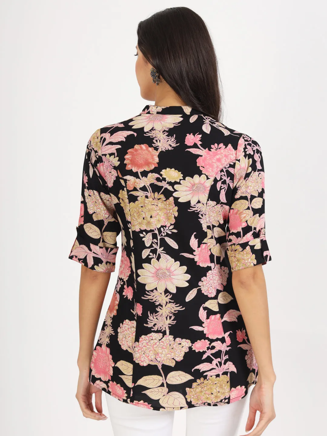 Jashvi Black Floral Printed Rayon Top