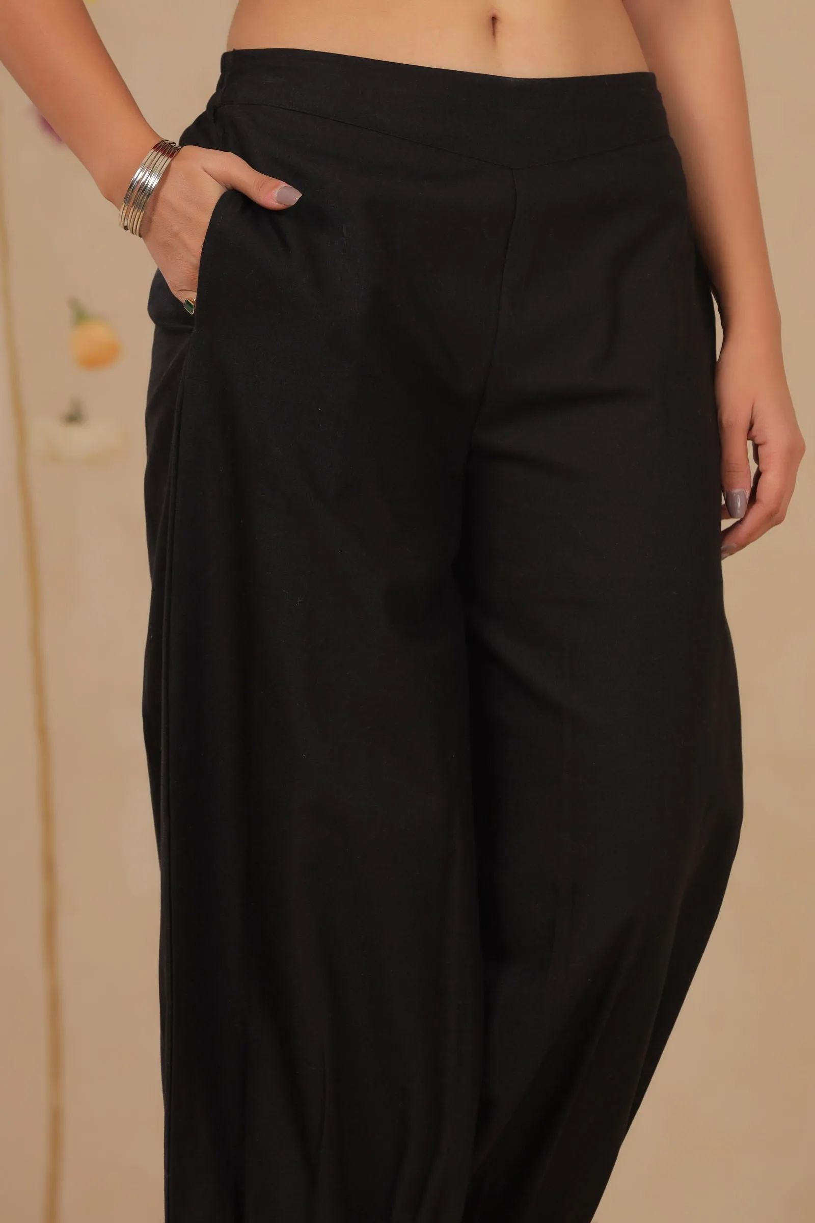 Jashvi Black Solid Cotton Flex Ankle-Length Pathani Style Pants.