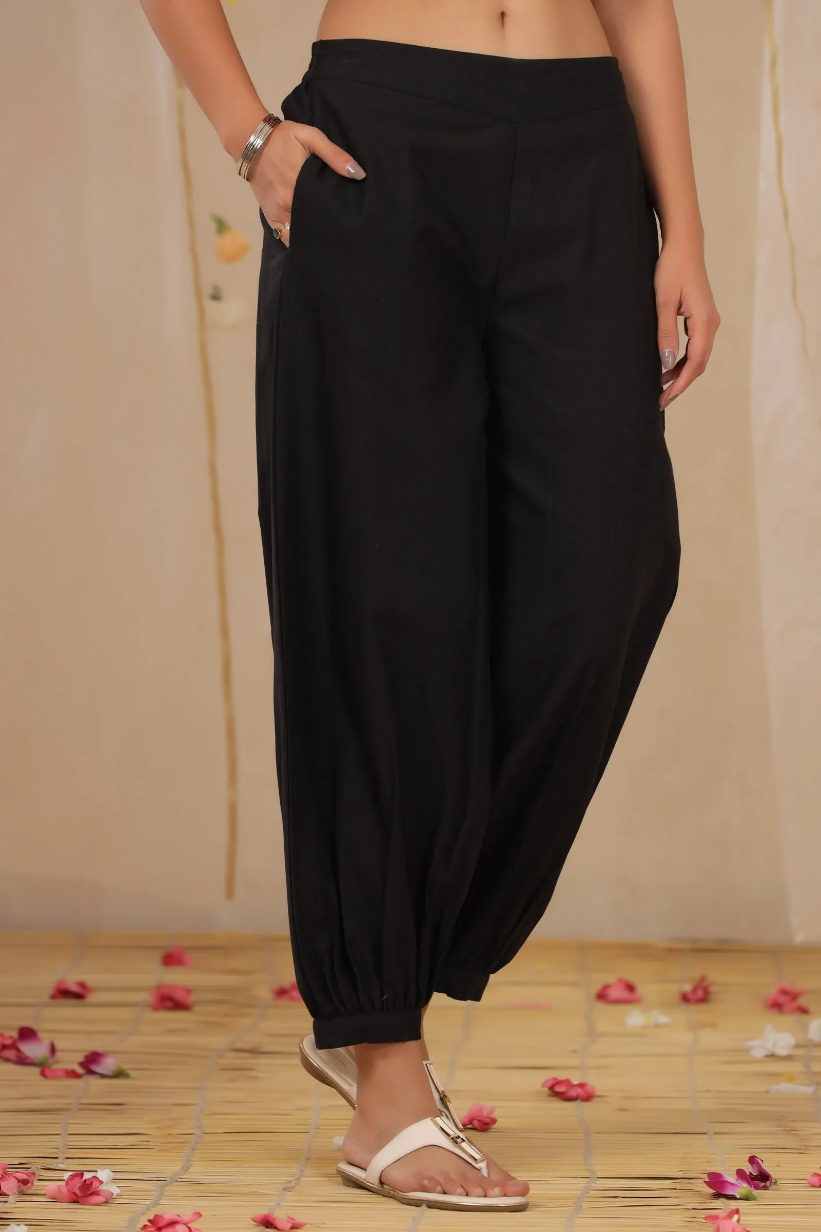 Jashvi Black Solid Cotton Flex Ankle-Length Pathani Style Pants.