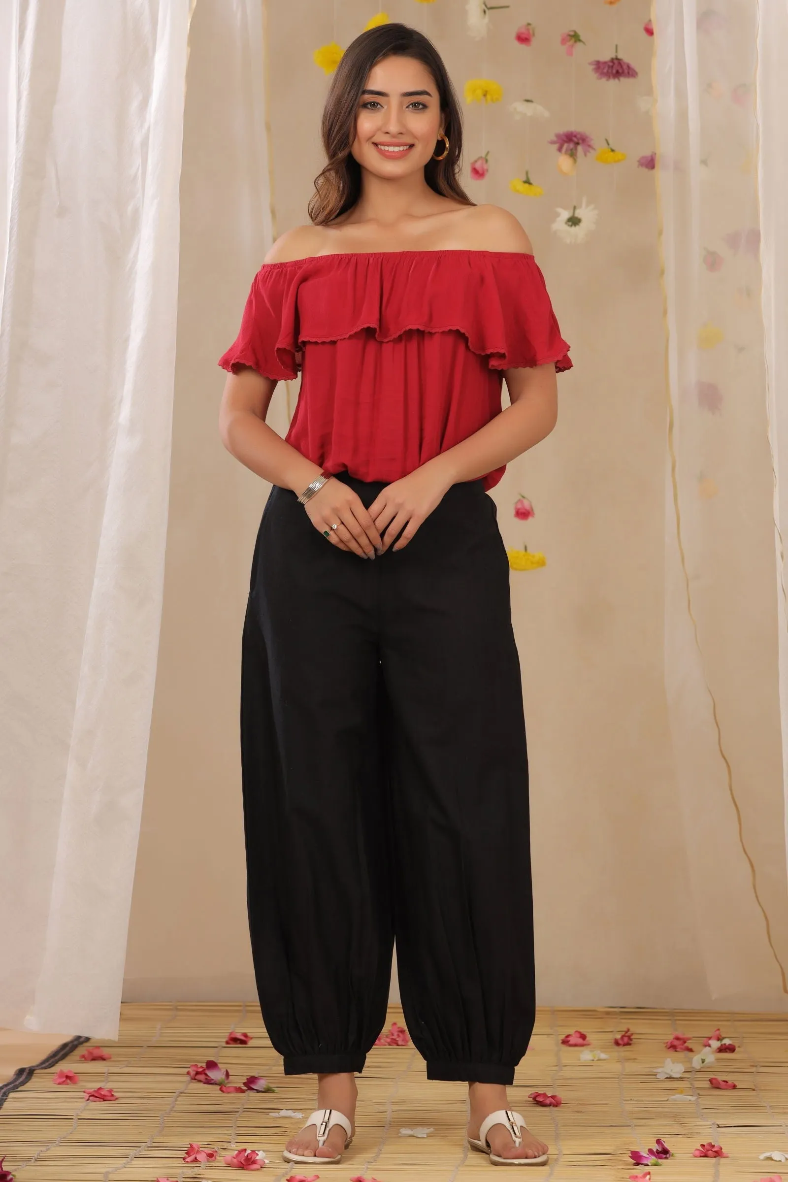 Jashvi Black Solid Cotton Flex Ankle-Length Pathani Style Pants.