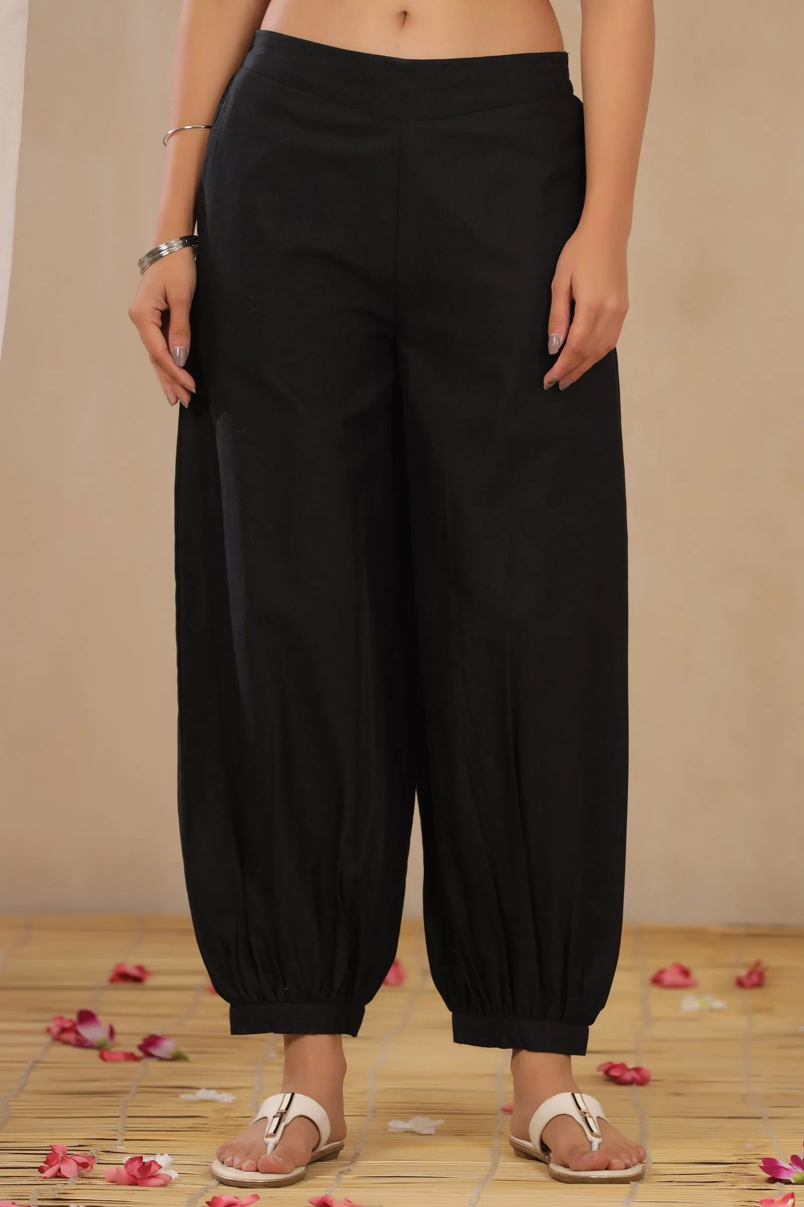 Jashvi Black Solid Cotton Flex Ankle-Length Pathani Style Pants.