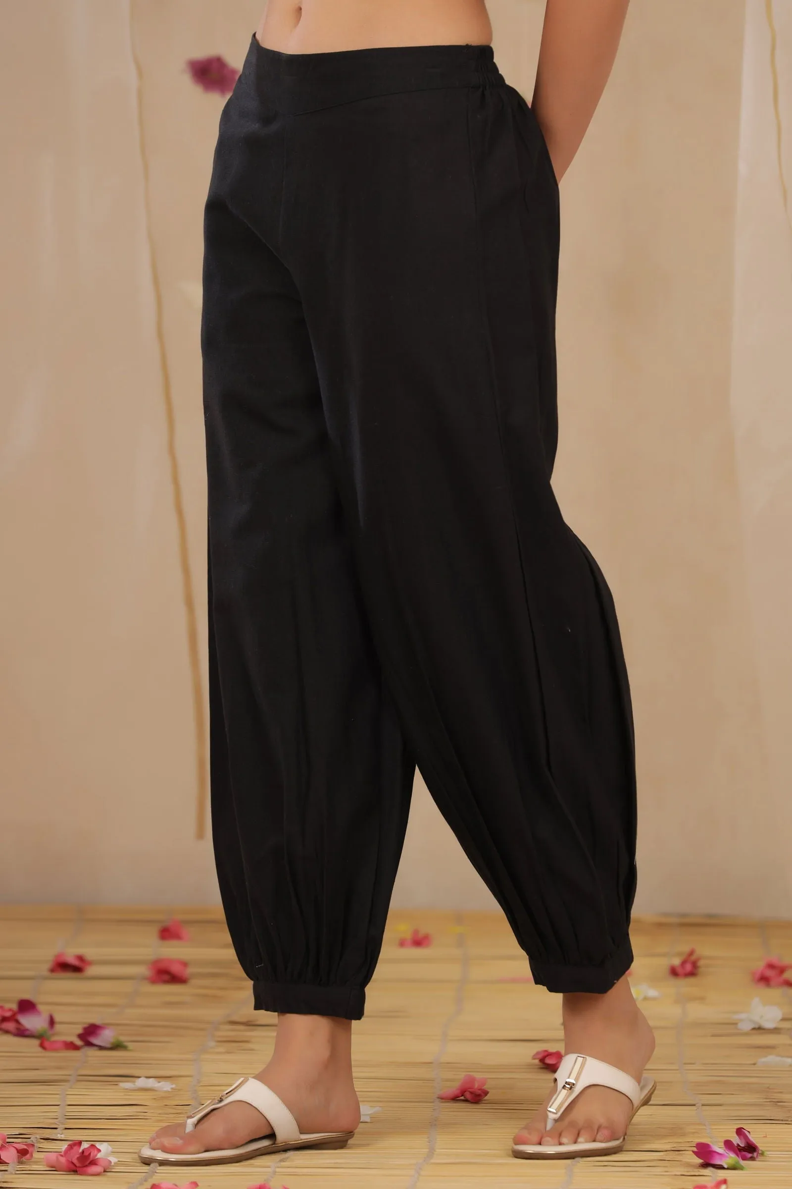 Jashvi Black Solid Cotton Flex Ankle-Length Pathani Style Pants.