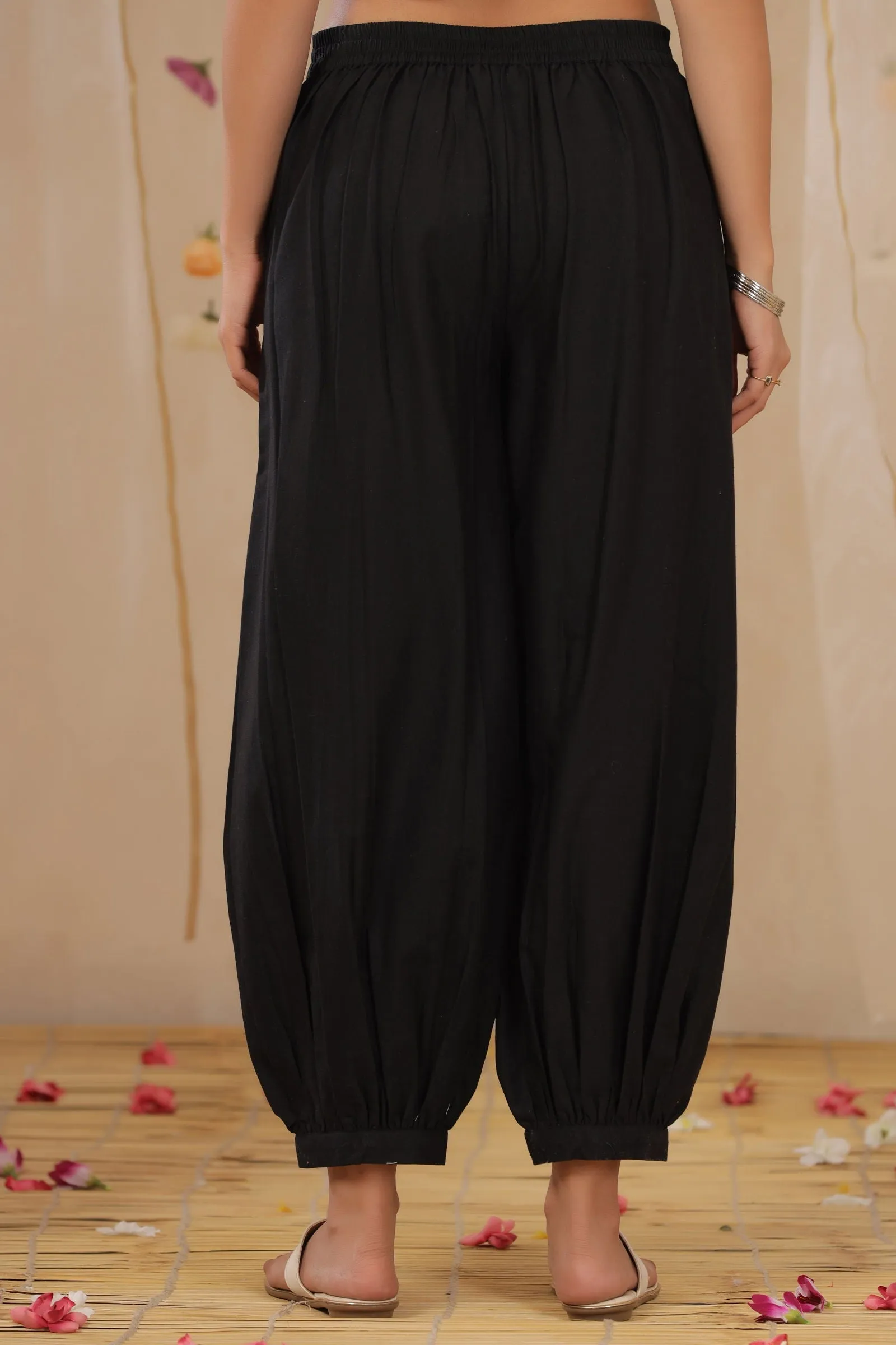 Jashvi Black Solid Cotton Flex Ankle-Length Pathani Style Pants.