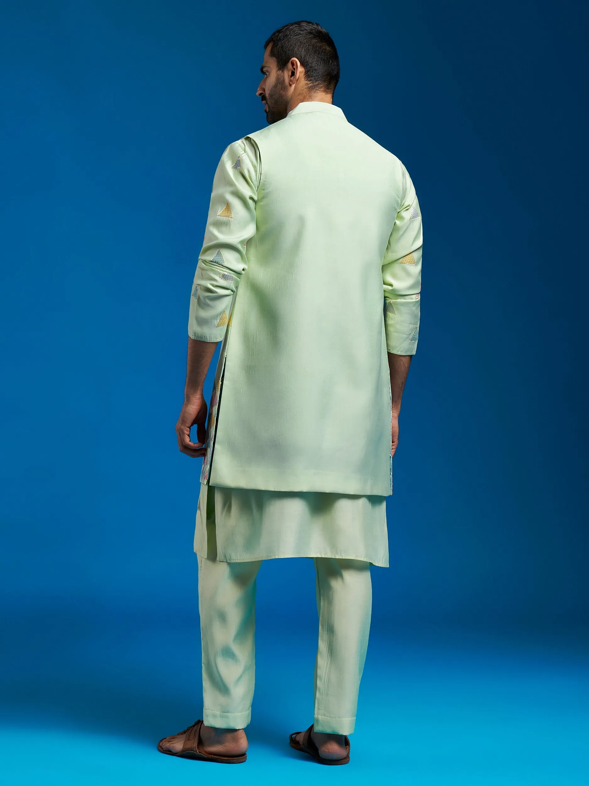 Jashvi Men's Mint Green Silk Blend Jacket,Kurta And Pyjama Set.