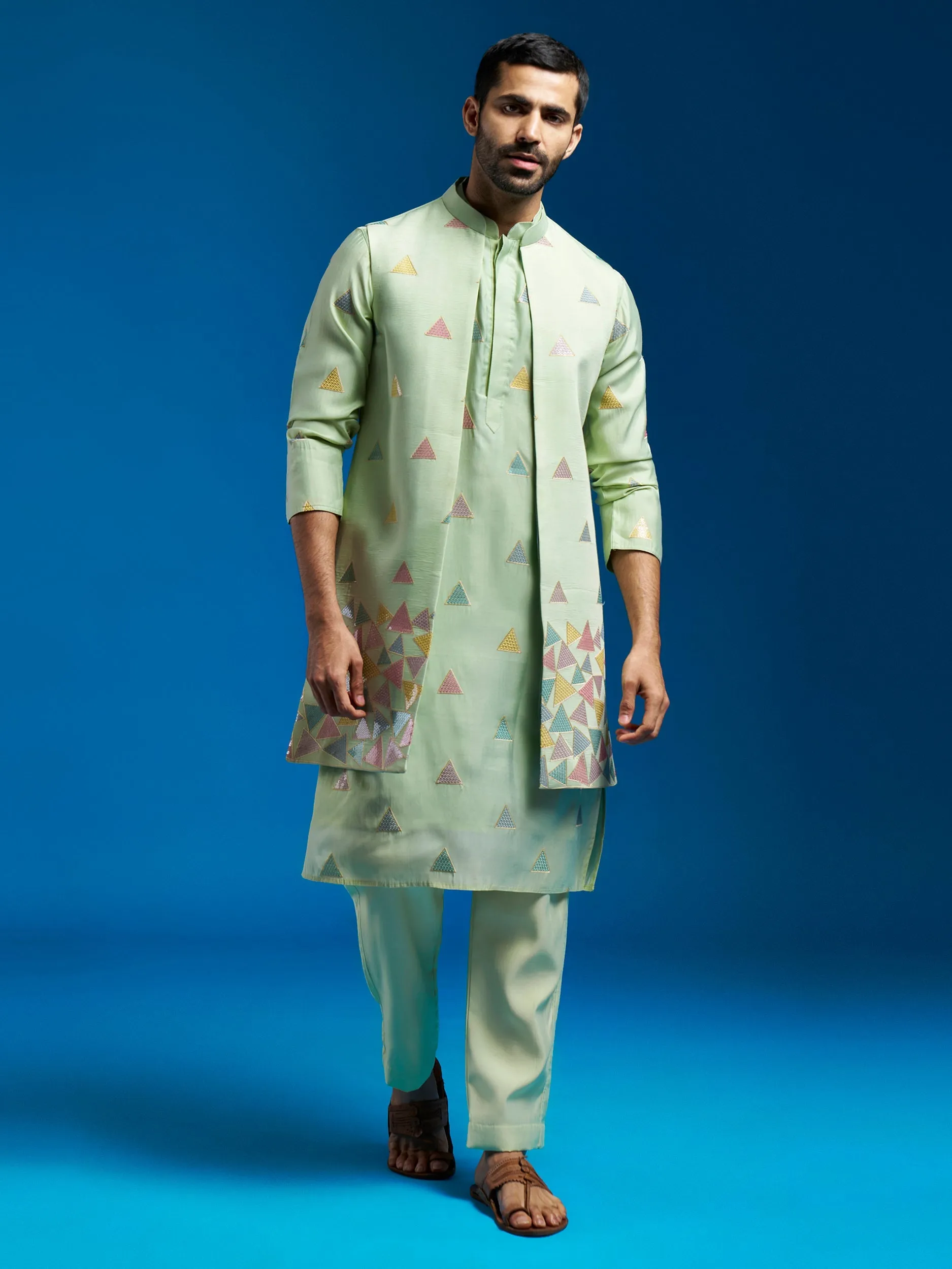 Jashvi Men's Mint Green Silk Blend Jacket,Kurta And Pyjama Set.