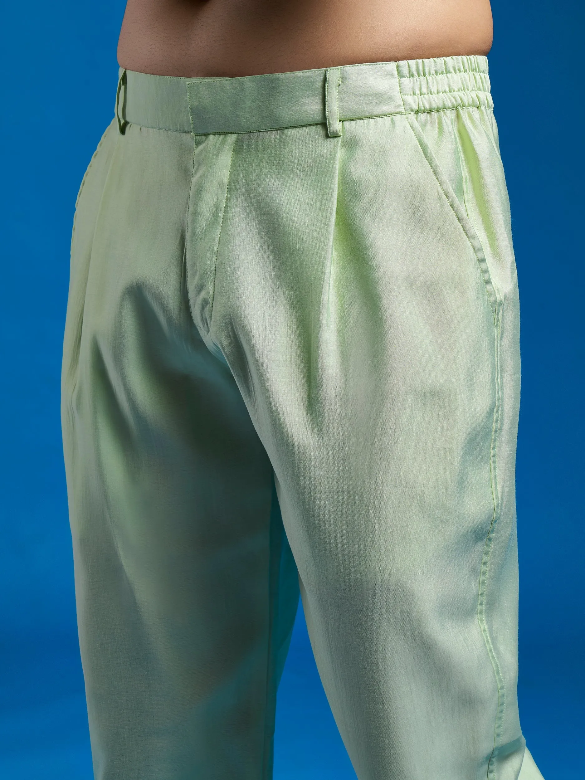 Jashvi Men's Mint Green Silk Blend Jacket,Kurta And Pyjama Set.