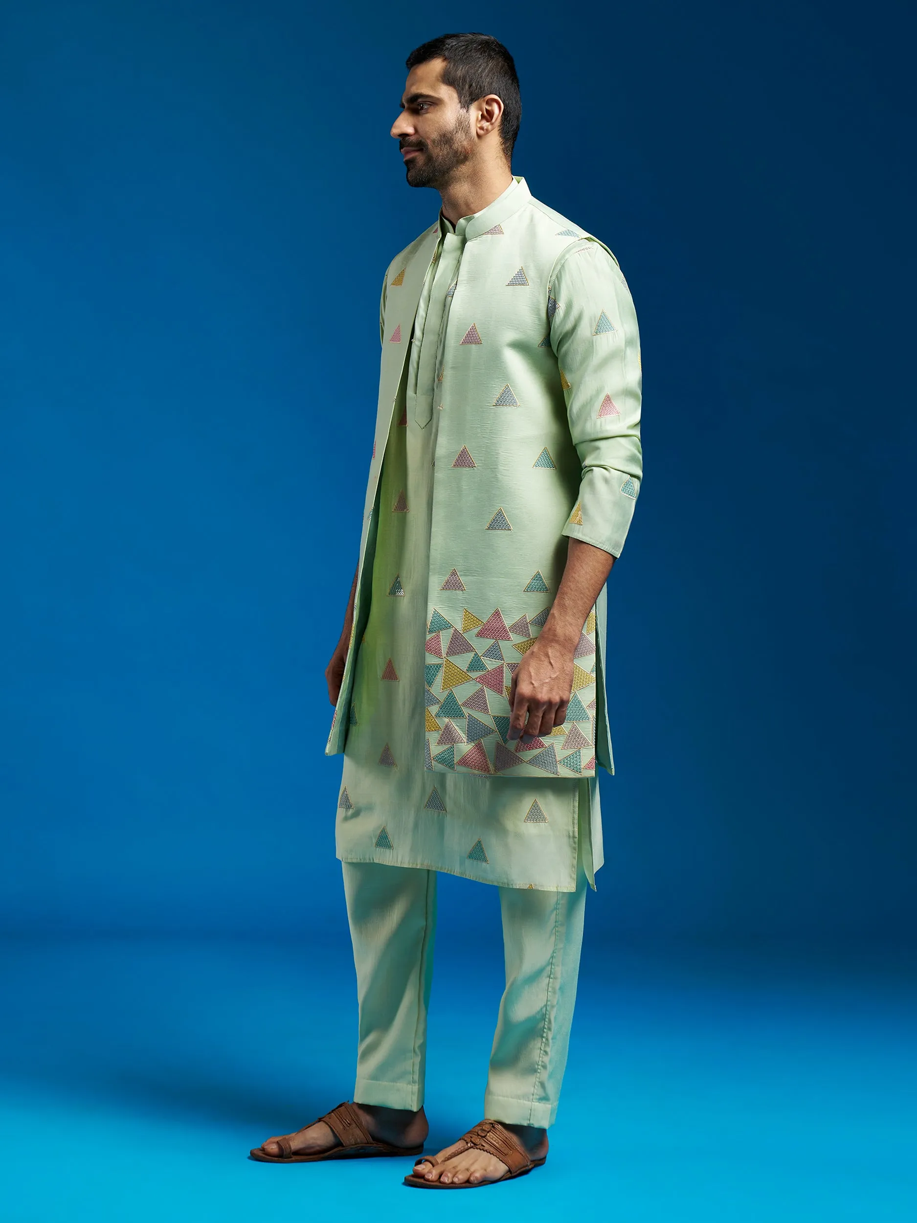 Jashvi Men's Mint Green Silk Blend Jacket,Kurta And Pyjama Set.
