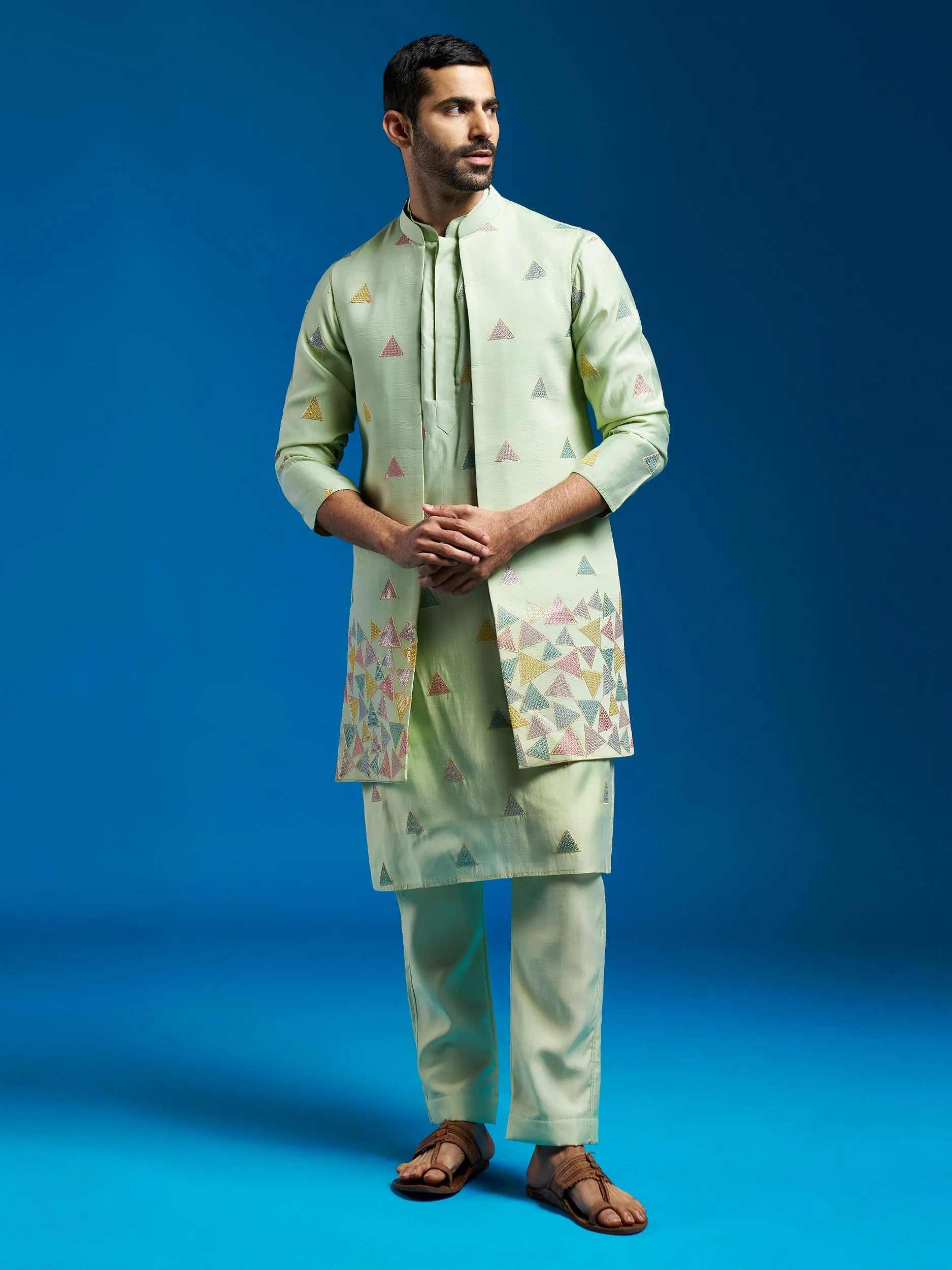 Jashvi Men's Mint Green Silk Blend Jacket,Kurta And Pyjama Set.
