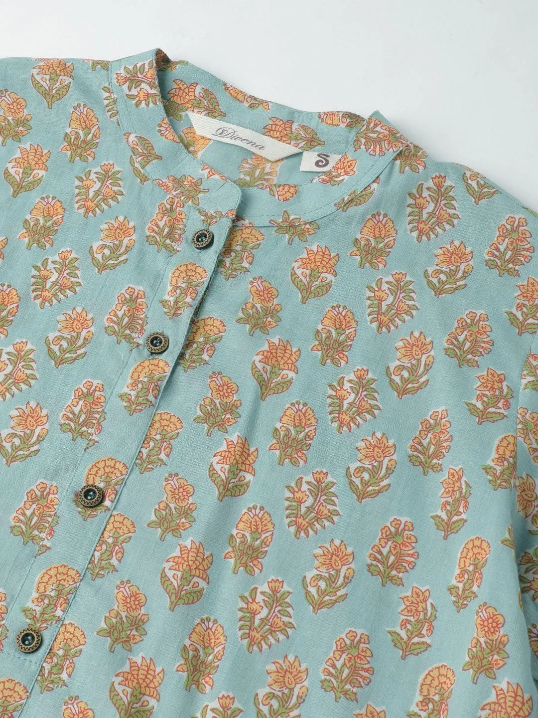 Jashvi Seagreen & Yellow Floral Printed Straight Kurta