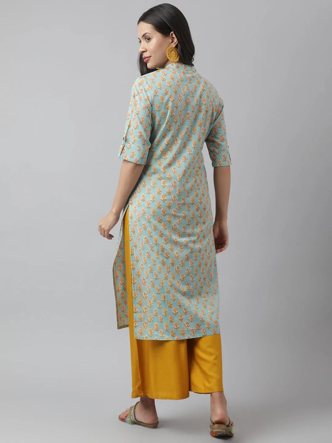Jashvi Seagreen & Yellow Floral Printed Straight Kurta