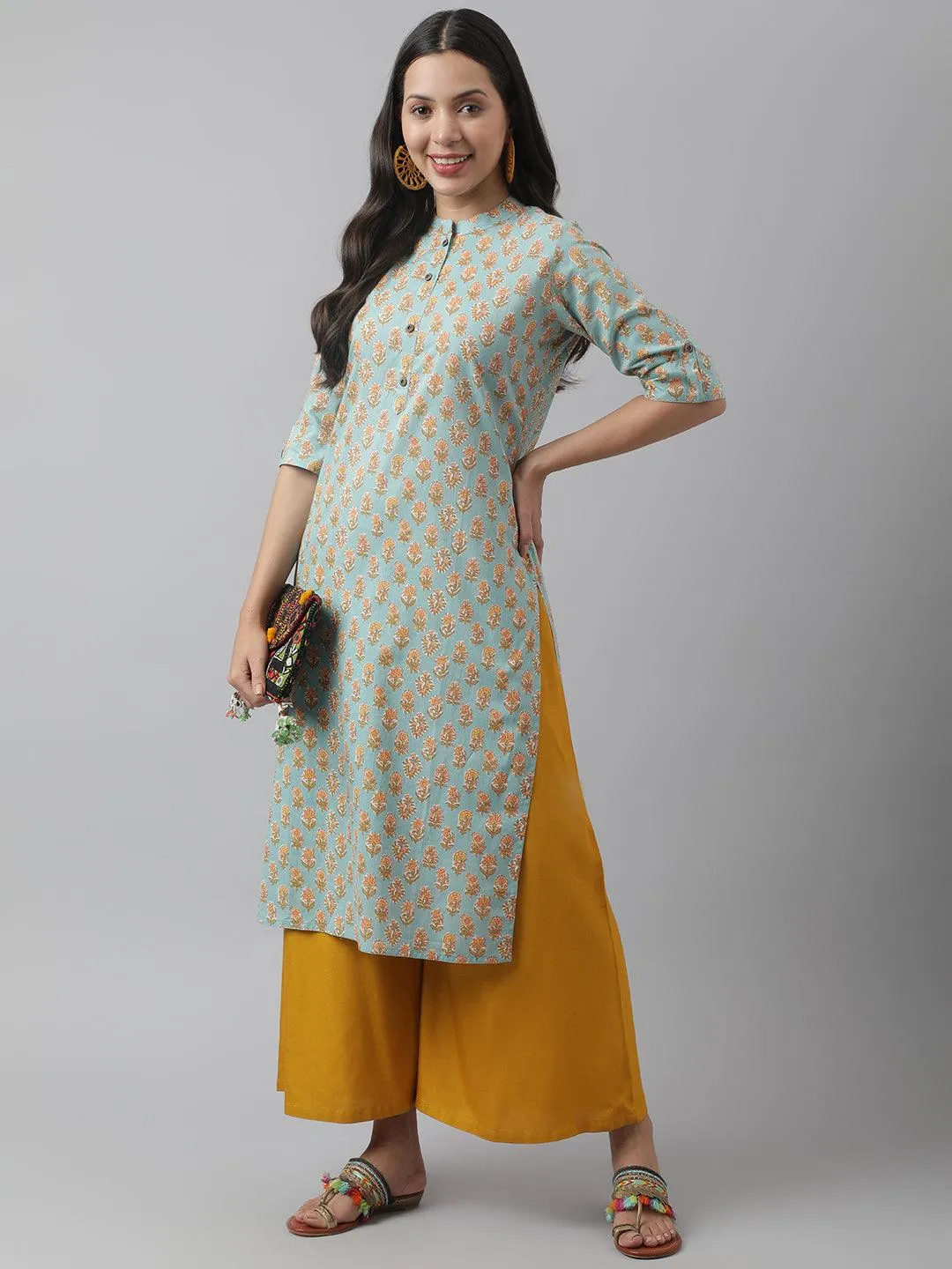 Jashvi Seagreen & Yellow Floral Printed Straight Kurta