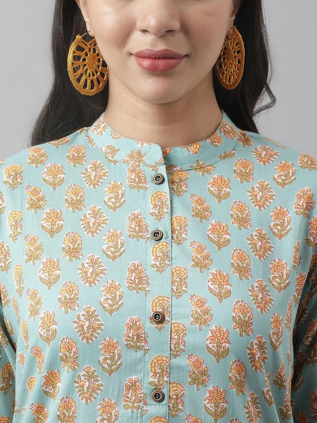 Jashvi Seagreen & Yellow Floral Printed Straight Kurta