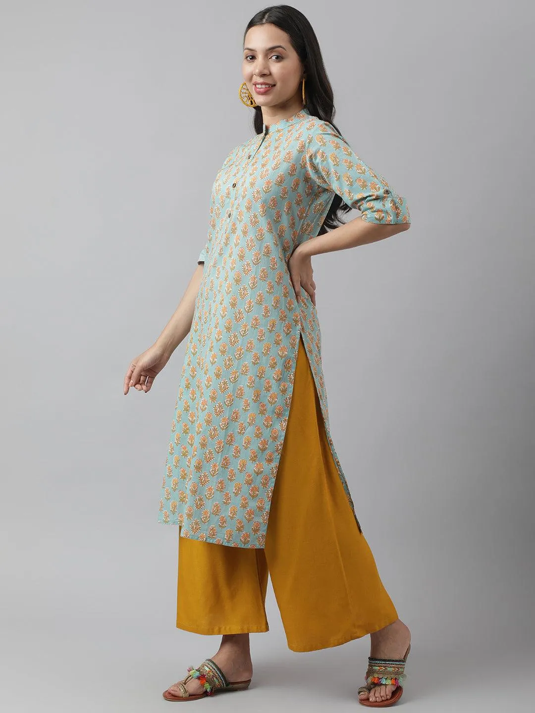 Jashvi Seagreen & Yellow Floral Printed Straight Kurta