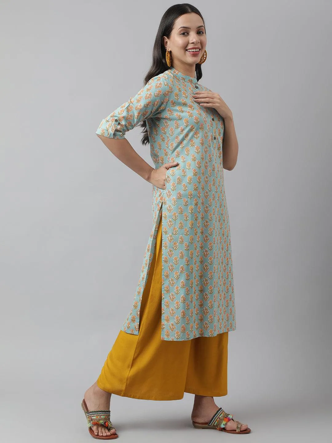Jashvi Seagreen & Yellow Floral Printed Straight Kurta