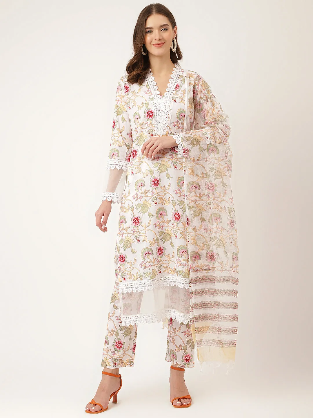 Jashvi White Hand Block Floral Print Cotton  Kurta, Trouser With Dupatta
