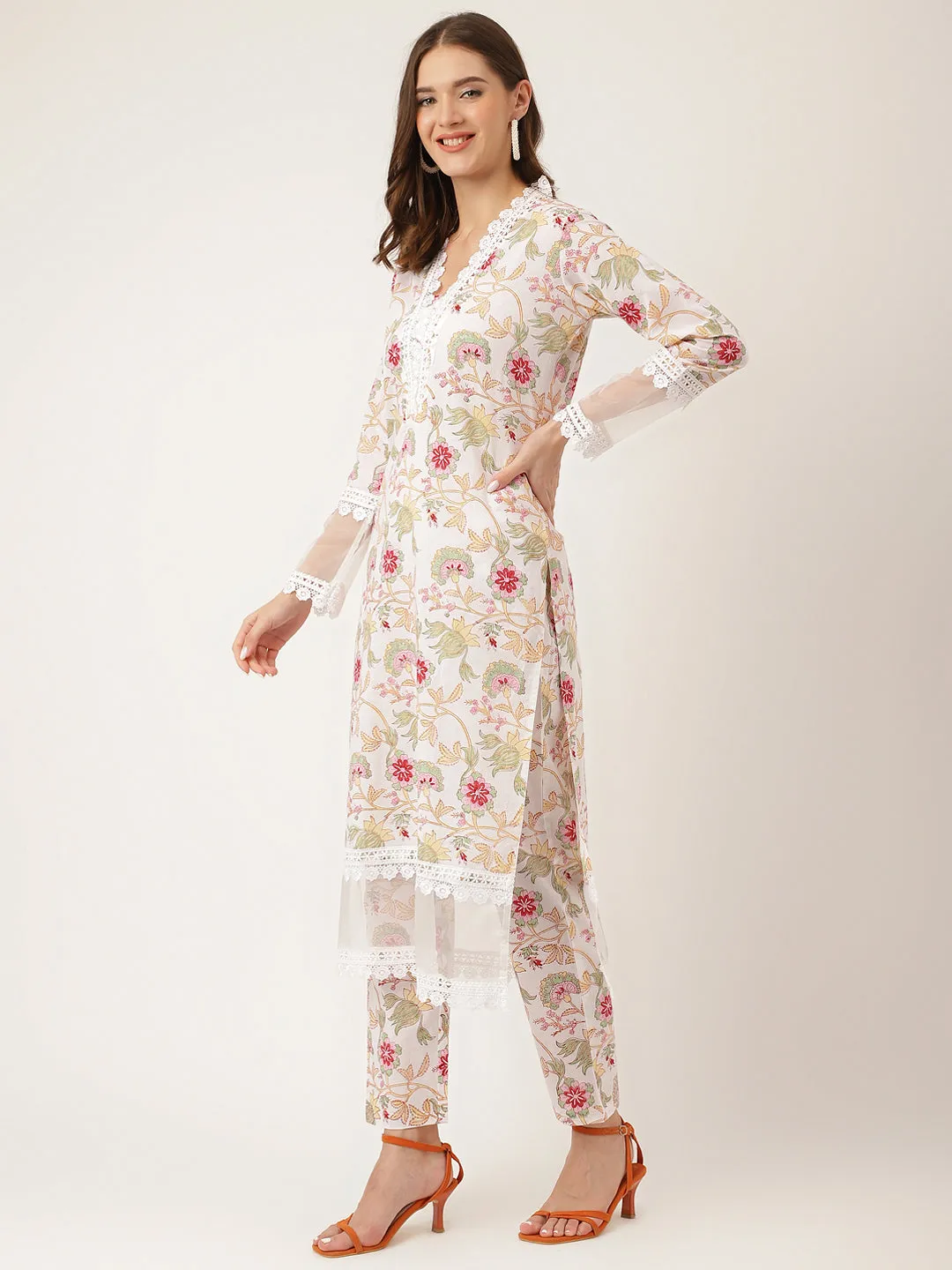 Jashvi White Hand Block Floral Print Cotton  Kurta, Trouser With Dupatta