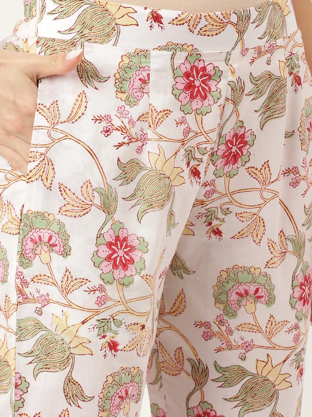Jashvi White Hand Block Floral Print Cotton  Kurta, Trouser With Dupatta