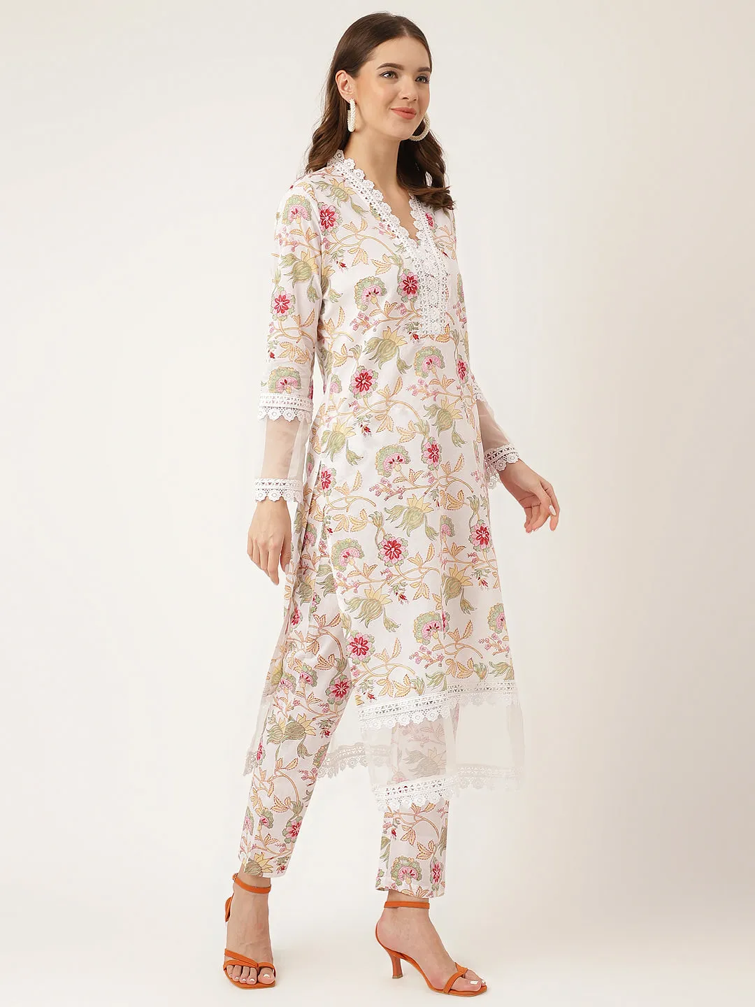 Jashvi White Hand Block Floral Print Cotton  Kurta, Trouser With Dupatta