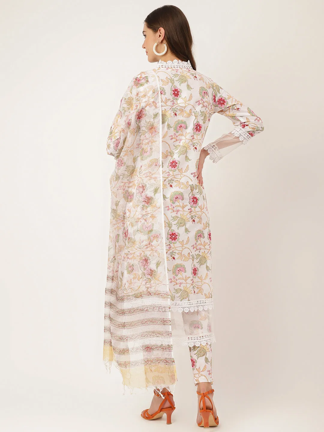 Jashvi White Hand Block Floral Print Cotton  Kurta, Trouser With Dupatta