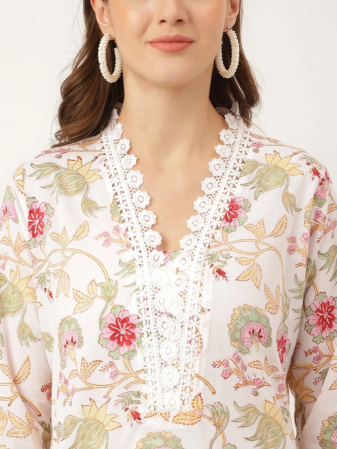 Jashvi White Hand Block Floral Print Cotton  Kurta, Trouser With Dupatta
