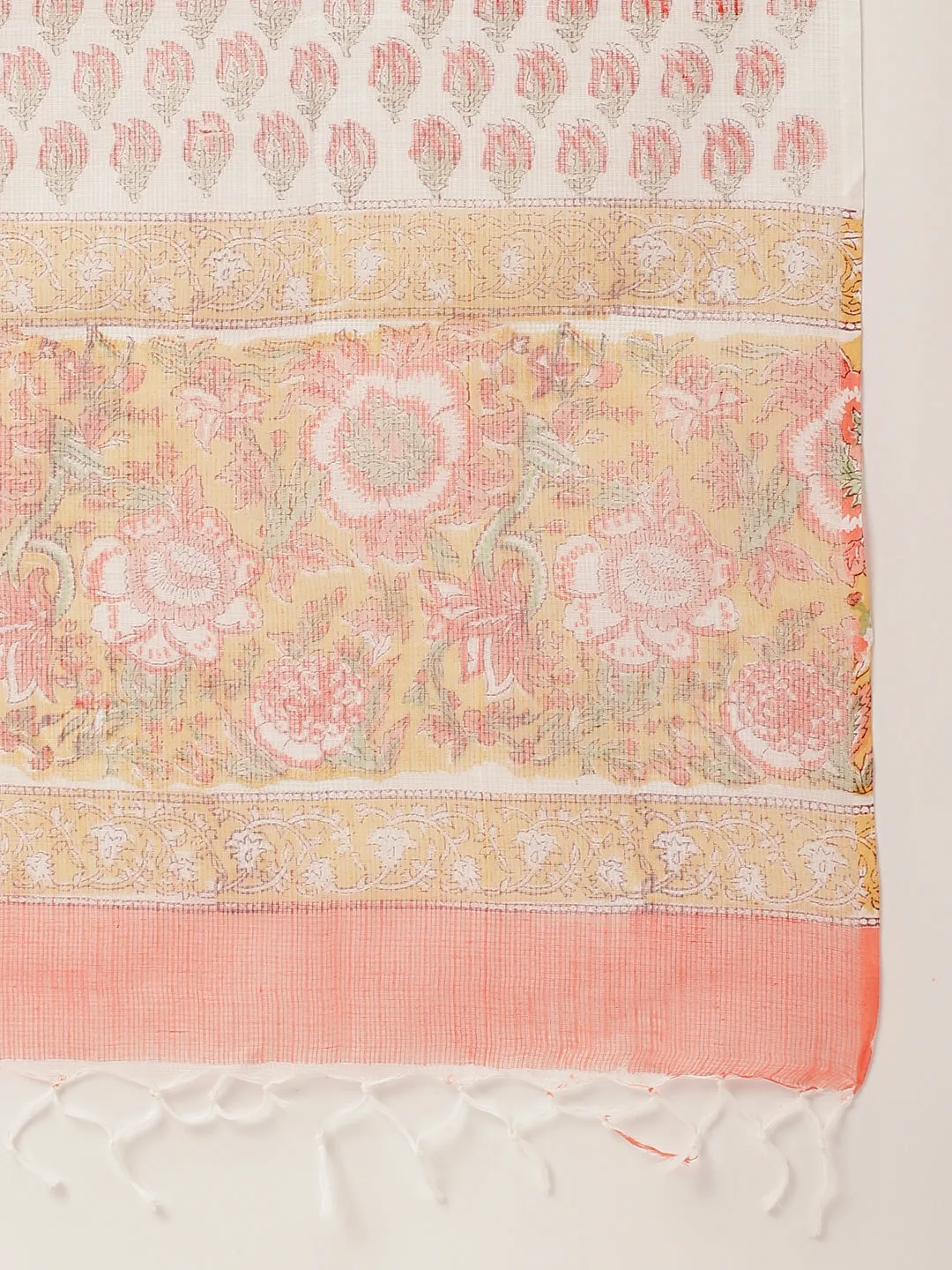 Jashvi Yellow Hand Block Floral Print Cotton  Kurta, Trouser With Dupatta