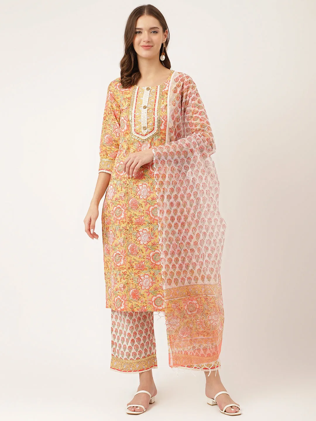 Jashvi Yellow Hand Block Floral Print Cotton  Kurta, Trouser With Dupatta