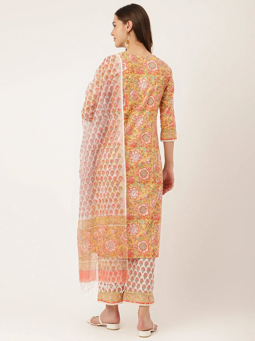 Jashvi Yellow Hand Block Floral Print Cotton  Kurta, Trouser With Dupatta