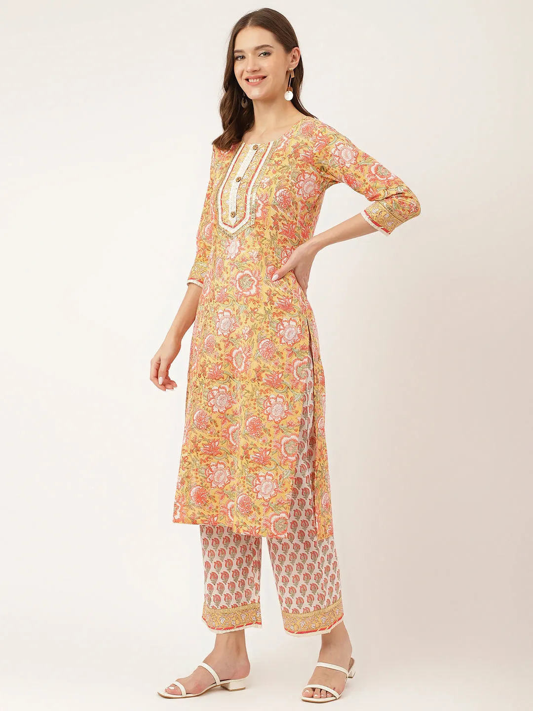 Jashvi Yellow Hand Block Floral Print Cotton  Kurta, Trouser With Dupatta