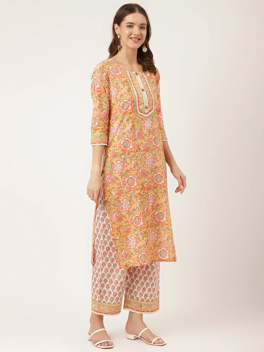 Jashvi Yellow Hand Block Floral Print Cotton  Kurta, Trouser With Dupatta
