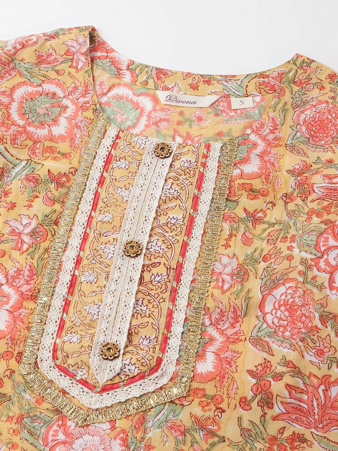 Jashvi Yellow Hand Block Floral Print Cotton  Kurta, Trouser With Dupatta