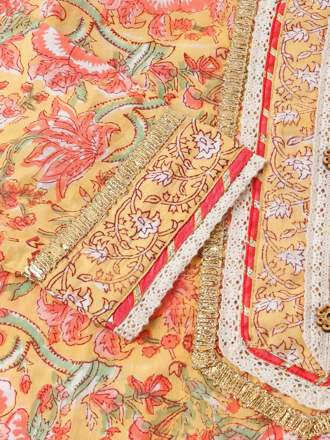 Jashvi Yellow Hand Block Floral Print Cotton  Kurta, Trouser With Dupatta