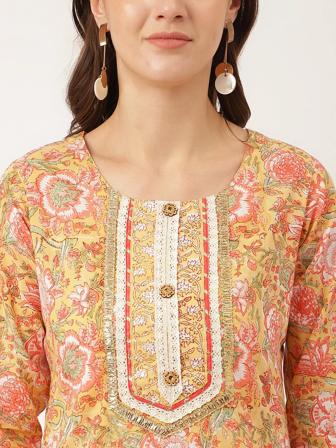 Jashvi Yellow Hand Block Floral Print Cotton  Kurta, Trouser With Dupatta