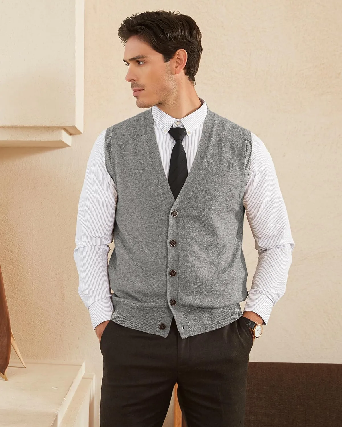 Kallspin Men's Sweater Vest Wool Blend V-Neck Button Sleeveless Cardigan Vest Sweater
