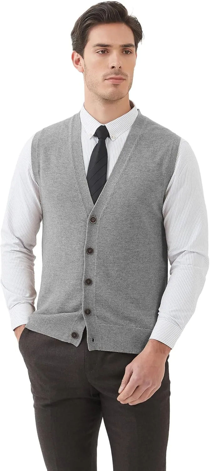 Kallspin Men's Sweater Vest Wool Blend V-Neck Button Sleeveless Cardigan Vest Sweater