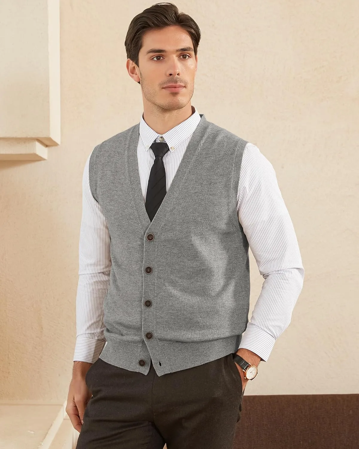 Kallspin Men's Sweater Vest Wool Blend V-Neck Button Sleeveless Cardigan Vest Sweater