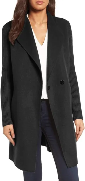 Kenneth Cole New York Women's 17LMW595 Double Face Wool Blend Jacket with Knit Sleeve - Black - XL