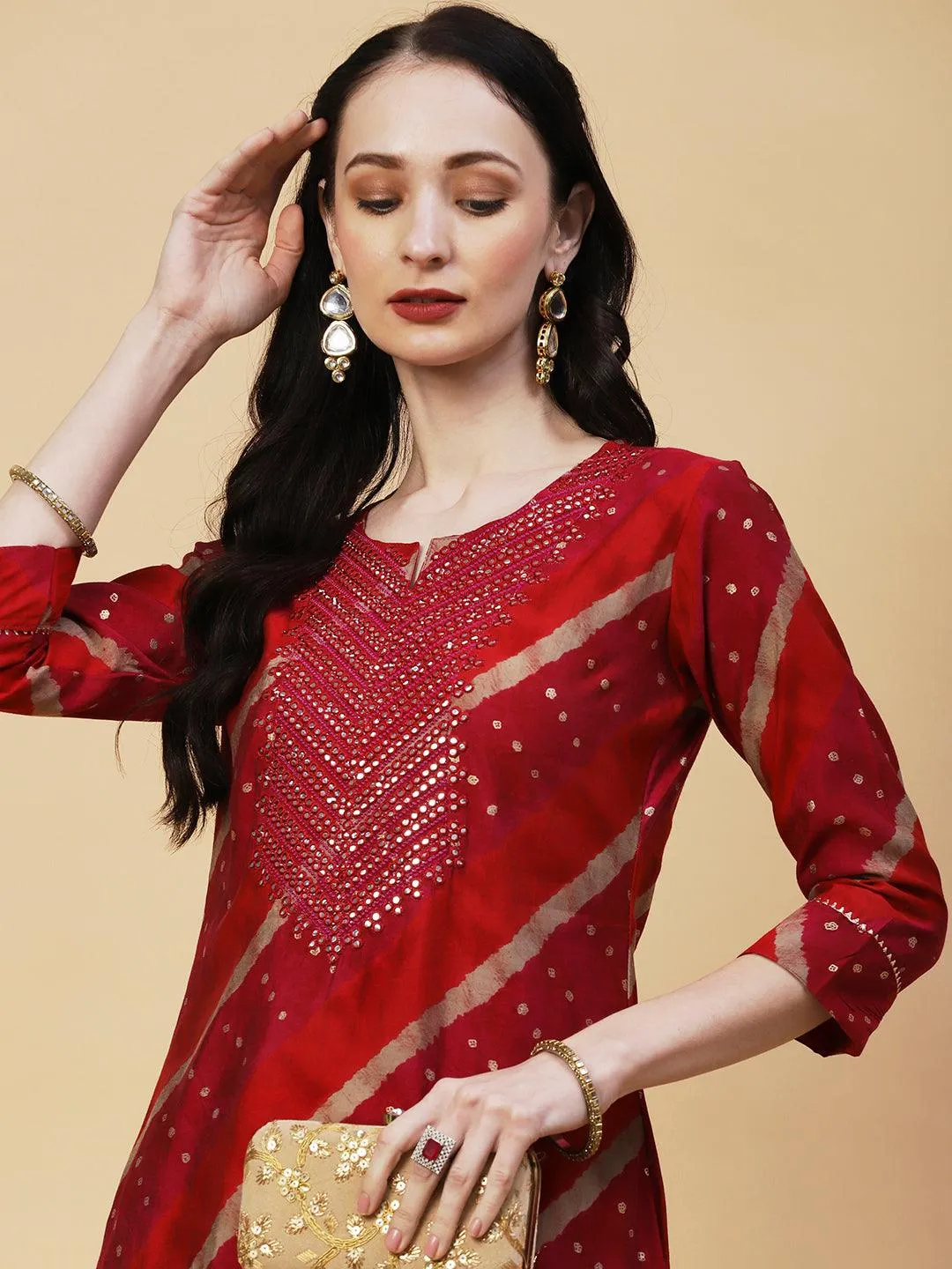 Lehriya & Foil Printed Mirror & Resham Embroidered Kurta With Pants - Red