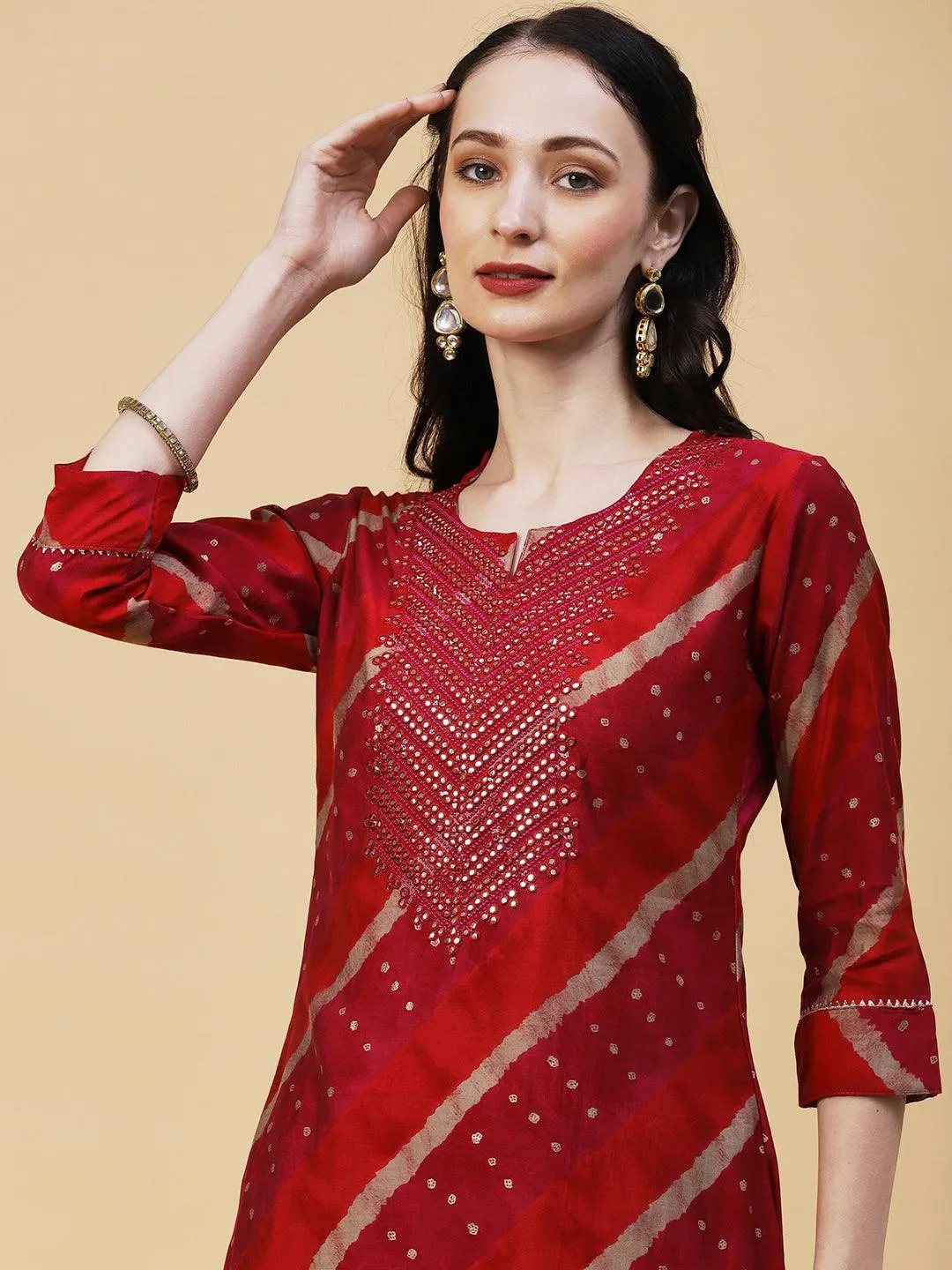 Lehriya & Foil Printed Mirror & Resham Embroidered Kurta With Pants - Red