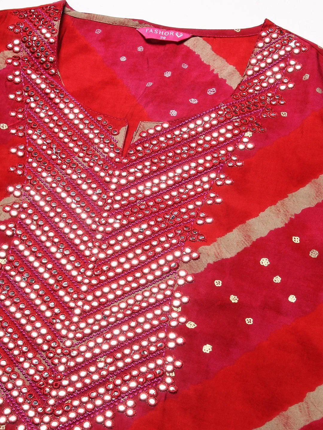 Lehriya & Foil Printed Mirror & Resham Embroidered Kurta With Pants - Red