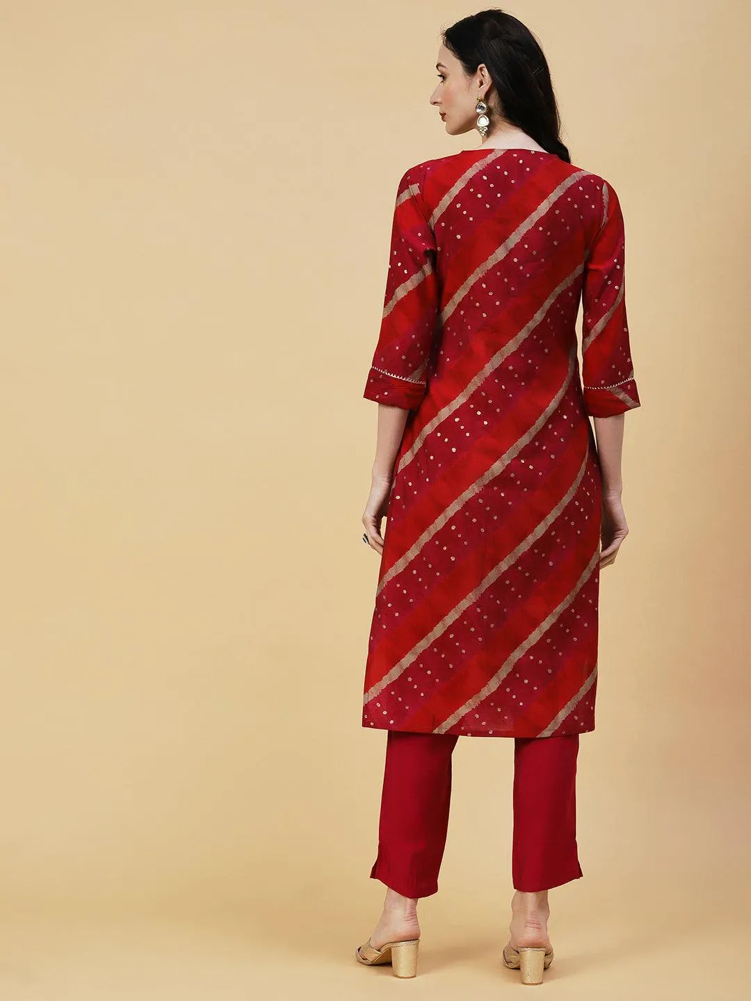 Lehriya & Foil Printed Mirror & Resham Embroidered Kurta With Pants - Red